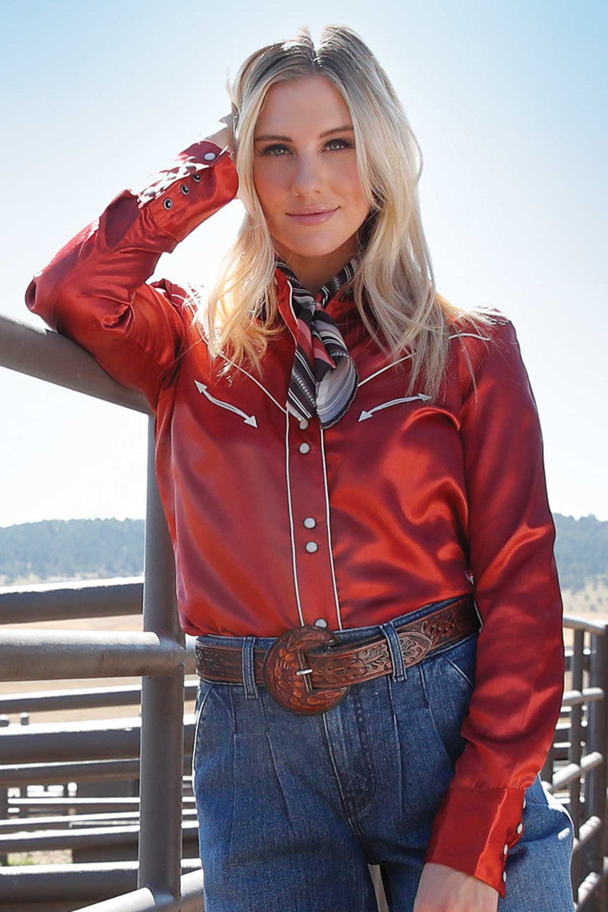 CINCH Womens Red Satin Shirt