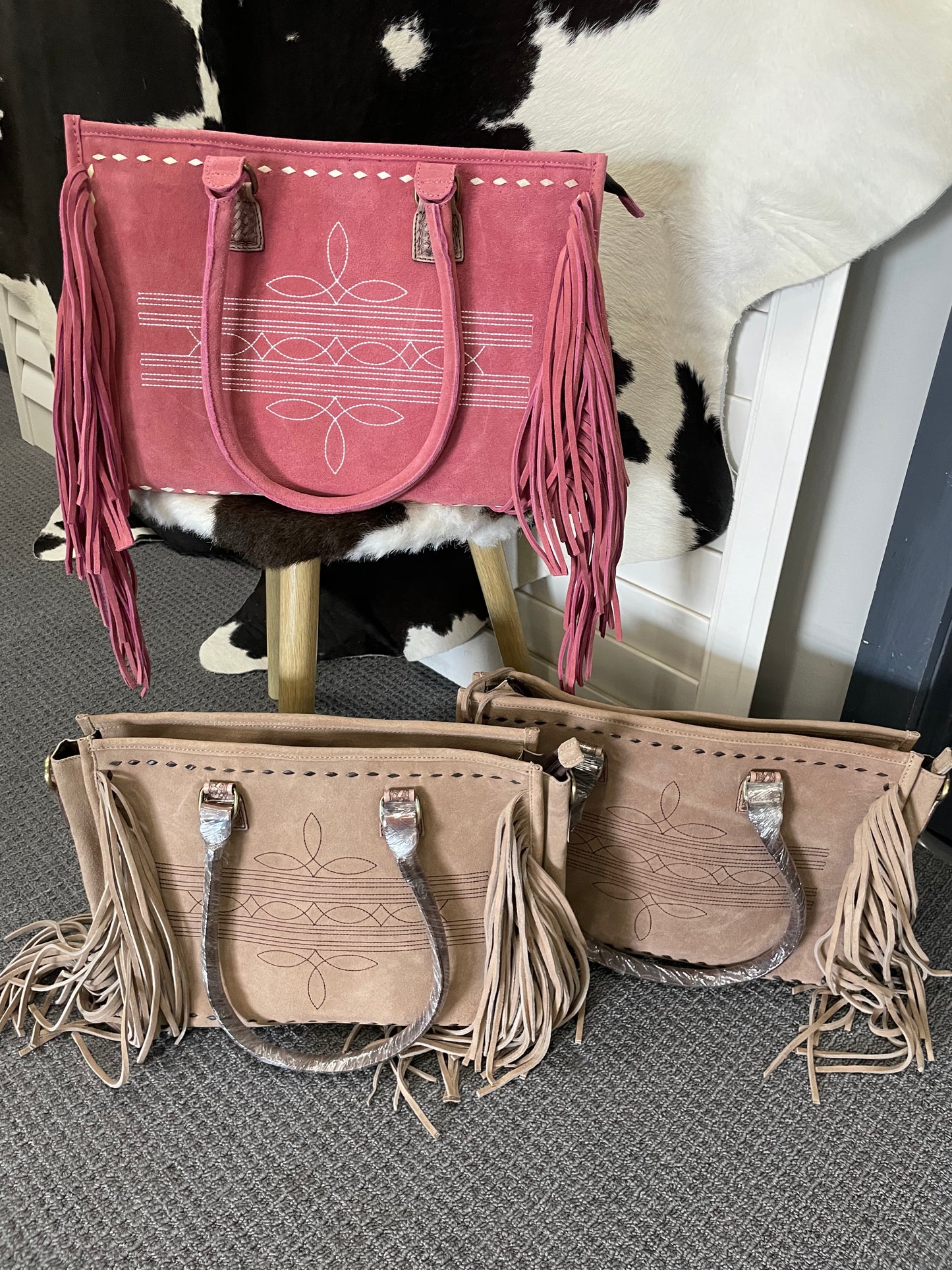 Suede Boot Stitch Fringed Tote Bag