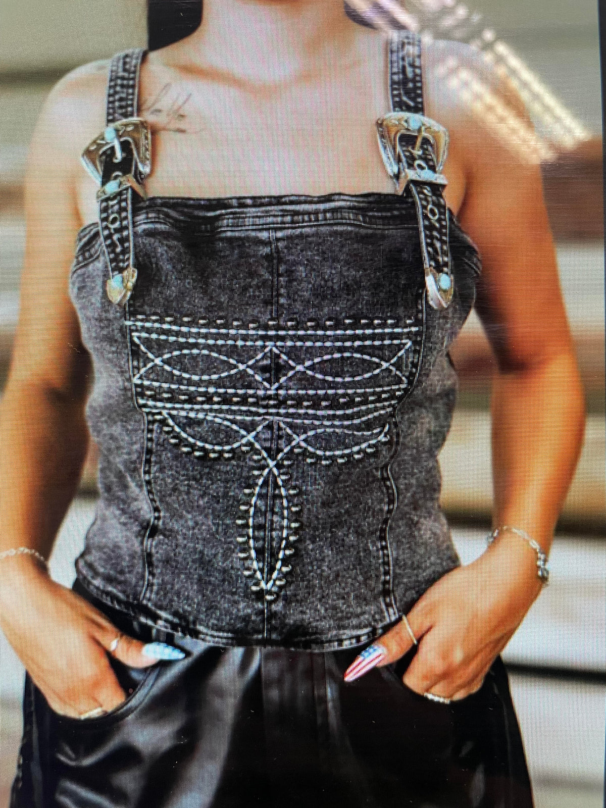 LB Black Mineral Wash Embroidered Buckle Strap Top