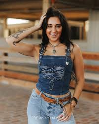 LB Mid Wash Western Studded Embroidered Buckle Strap Top