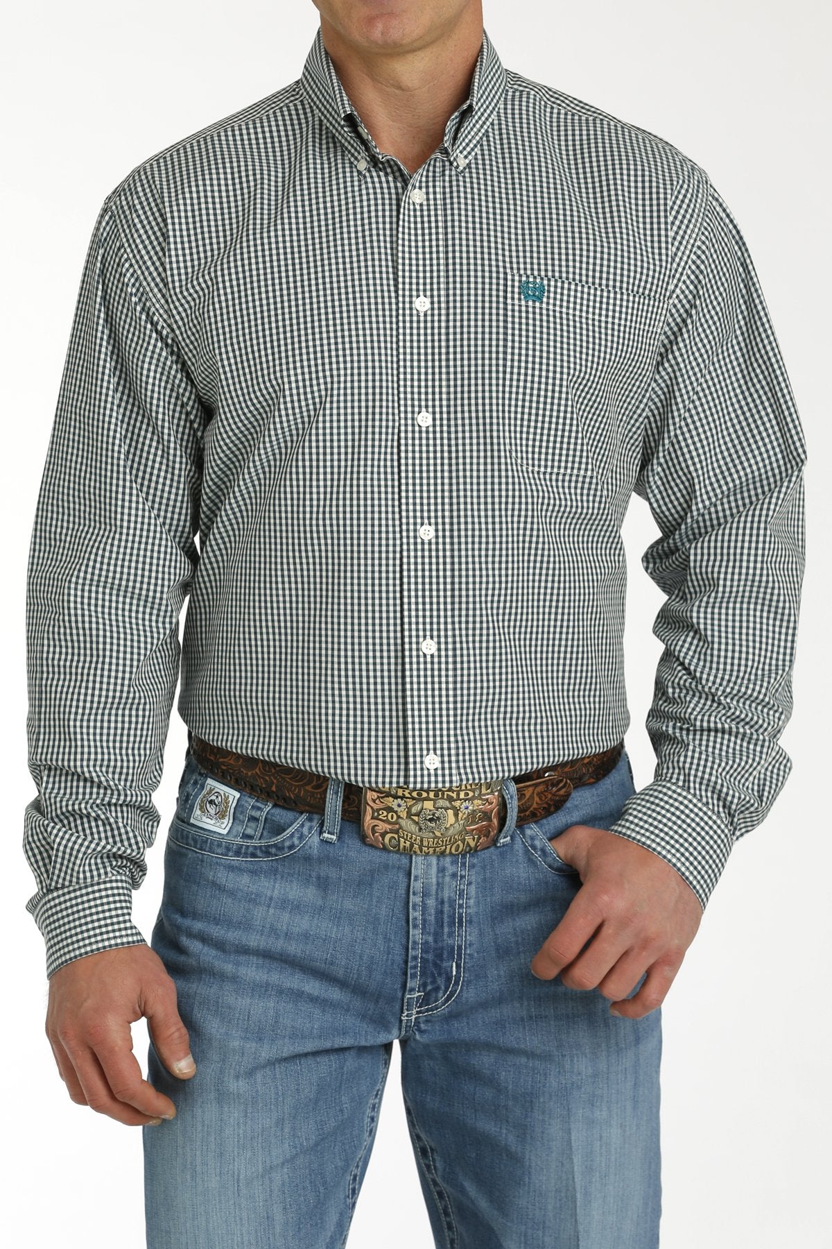 CINCH MEN’S SHIRT ‘CLASSIC FIT’ GINGHAM PLAID TEAL/WHITE