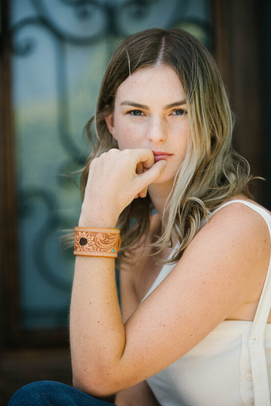 Sunflower Tooling Leather Wrist Band