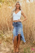 Distressed Denim Long Skirt