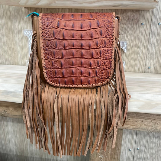 Montana West Genuine Leather Hornback Embossed Croc Fringe Crossbody