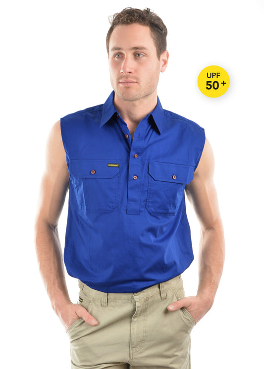 HARDSLOG Mens Half Button Sleeveless Shirt Blue