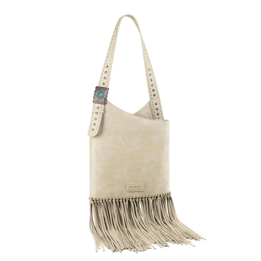 Wrangler Turquoise Stone Concho Fringe Hobo Cream