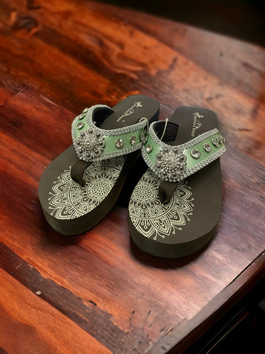 Western Flip Flops Crystal Studs Green