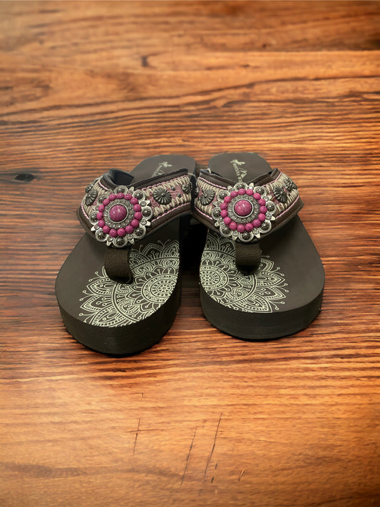 Western Flip Flops Berry Pink Stone Concho