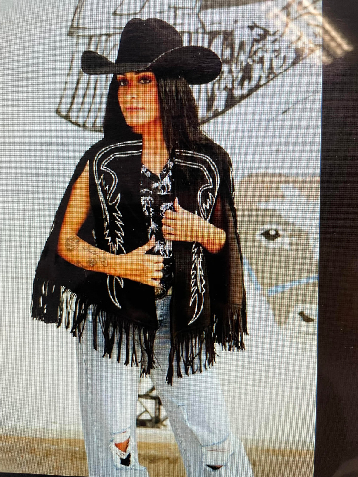 LB Black Suede Boot Stitch Embroidered Fringe Cape