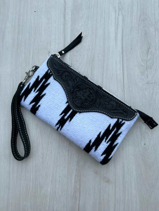 SADDLE BLANKET Tooled Leather Clutch Black & White TSB41G