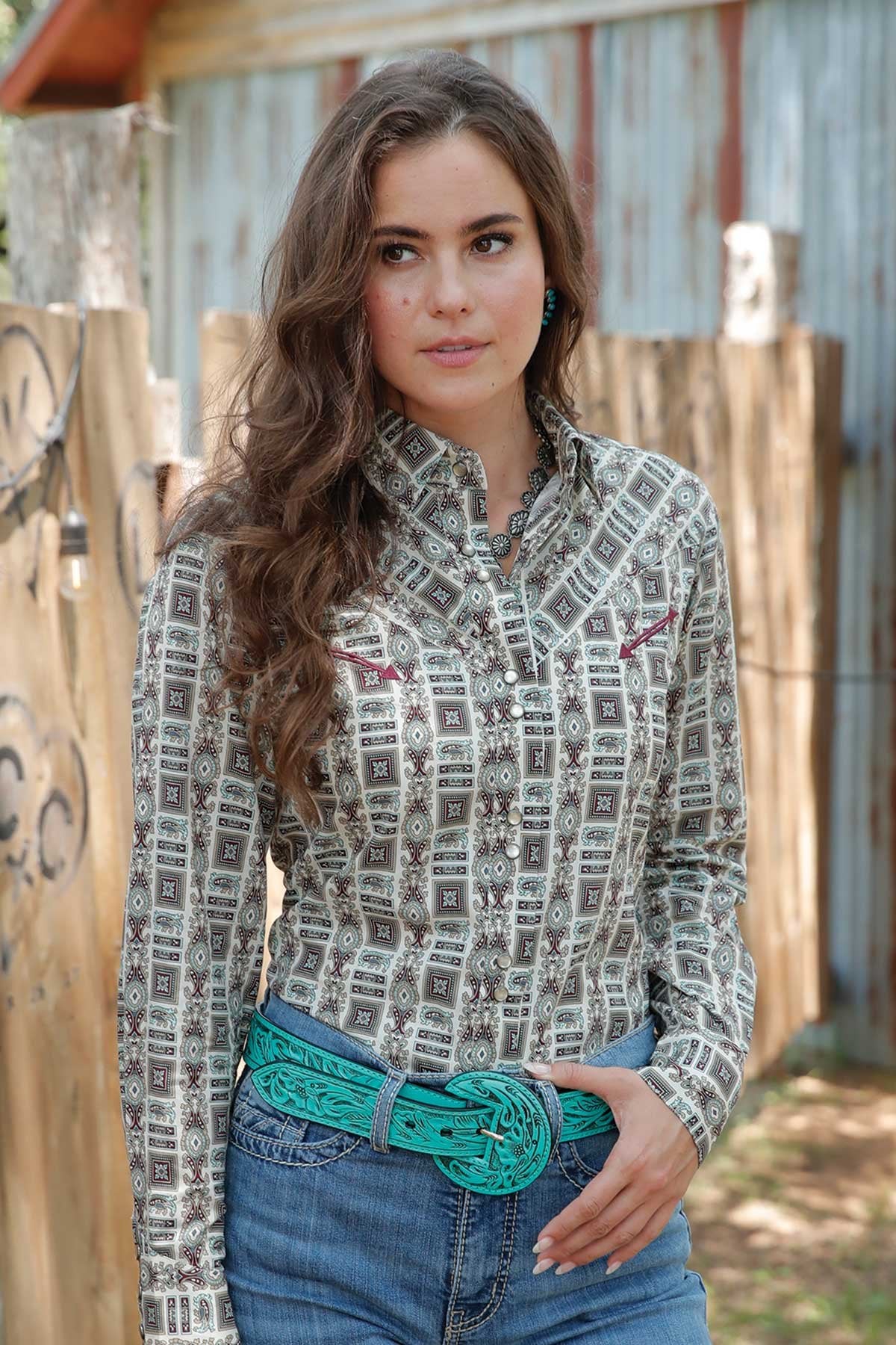 CRUEL Womens Maroon Turquoise Shirt